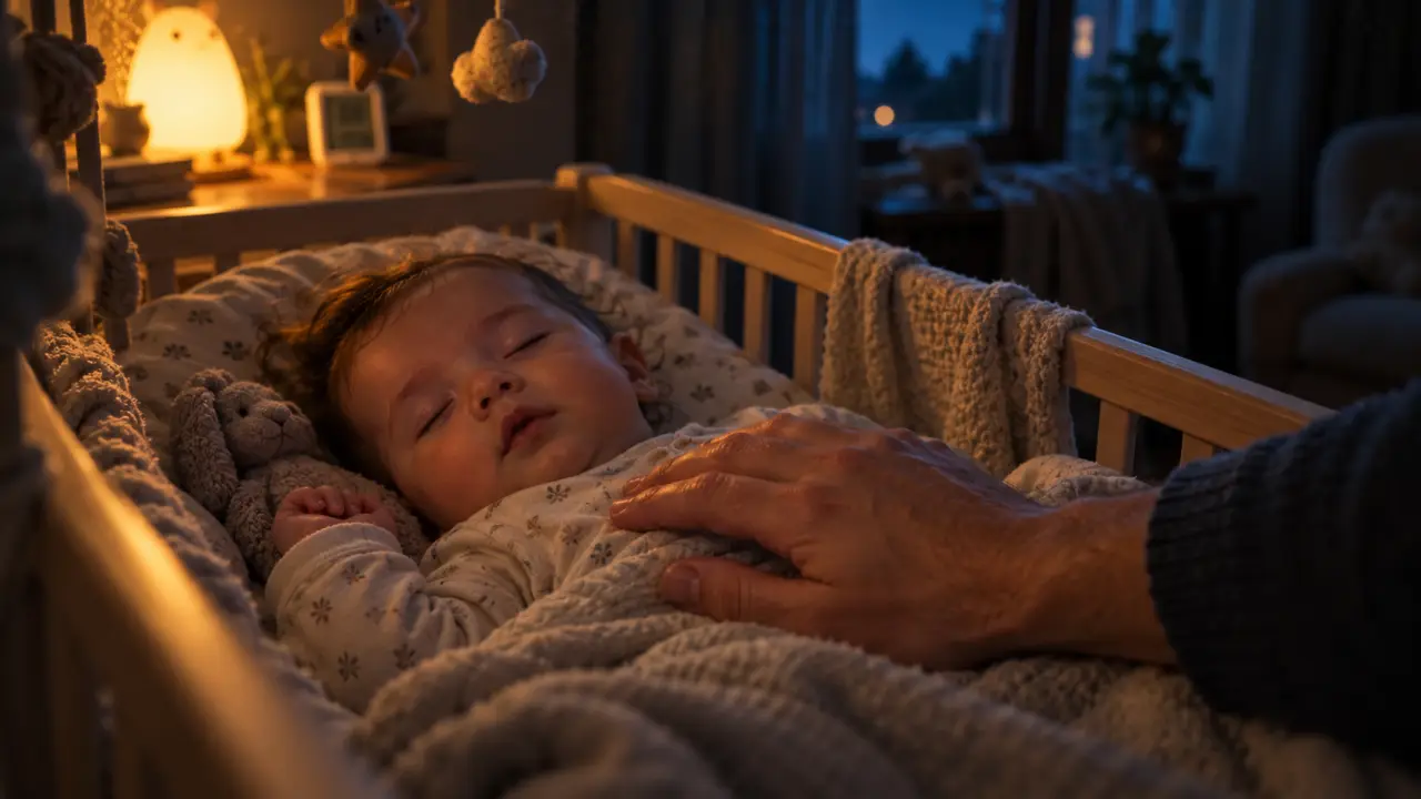 Bébé pleure dans son sommeil, main adulte rassure bébé endormi