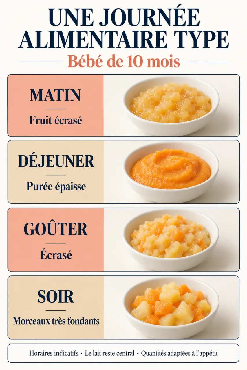 Tableau alimentation bébé 10 mois avec journée type et progression des textures