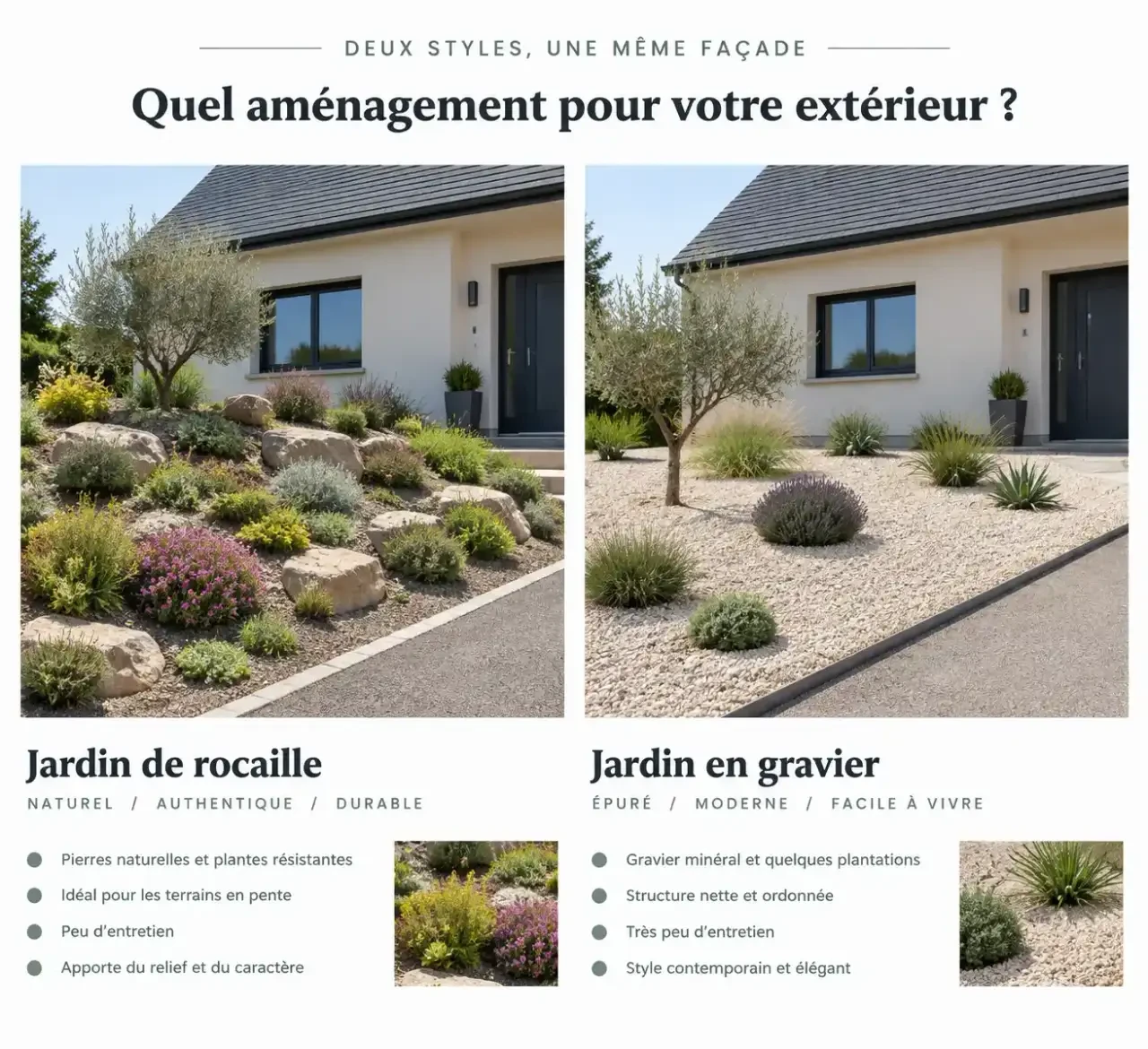 Aménagement parterre devant maison : rocaille et jardin en gravier comparés