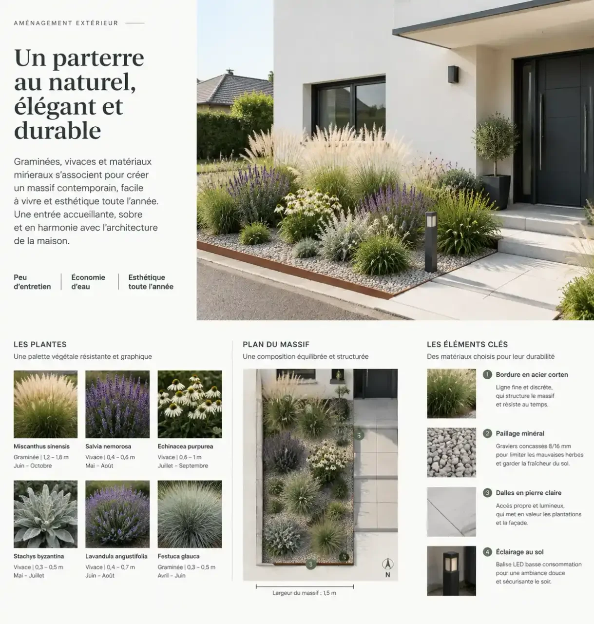 Aménagement parterre devant maison moderne avec graminées, bordure métal et allée en dalles