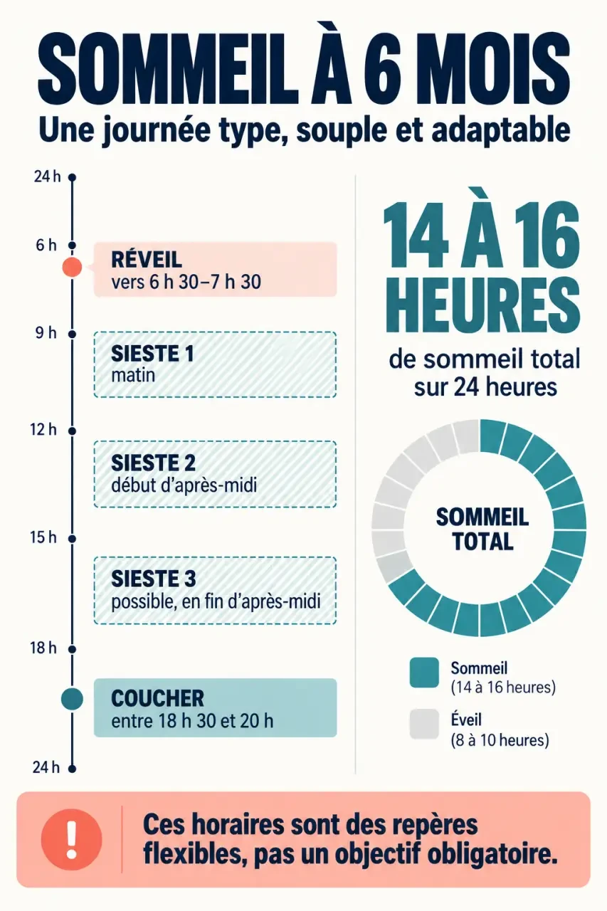Infographie sur le sommeil bébé 6 mois avec journée type, siestes et repères horaires flexibles