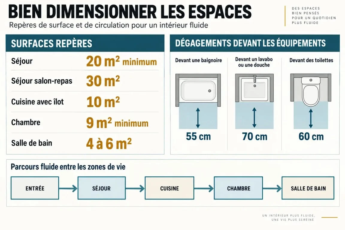 Repères de surfaces et de circulation pour un aménagement maison fonctionnel