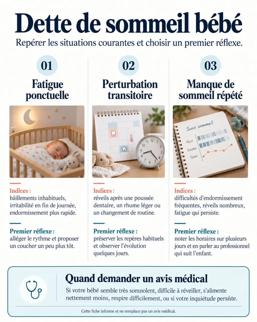 Infographie sur la dette de sommeil bébé : fatigue ponctuelle, perturbation transitoire et manque de sommeil répété