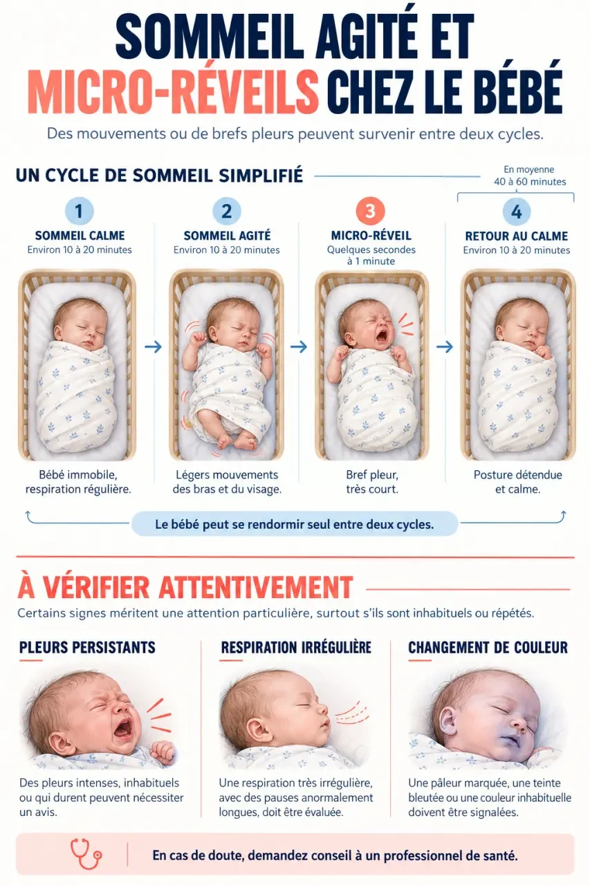 Infographie sur un bébé qui pleure dans son sommeil, le sommeil agité et le micro-réveil