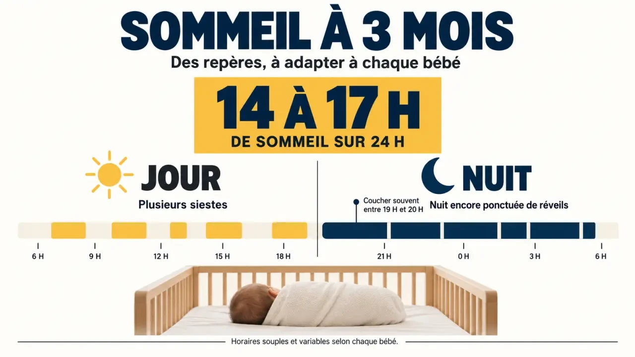 Infographie sur le sommeil bébé 3 mois : 14 à 17 heures de sommeil, siestes et réveils nocturnes