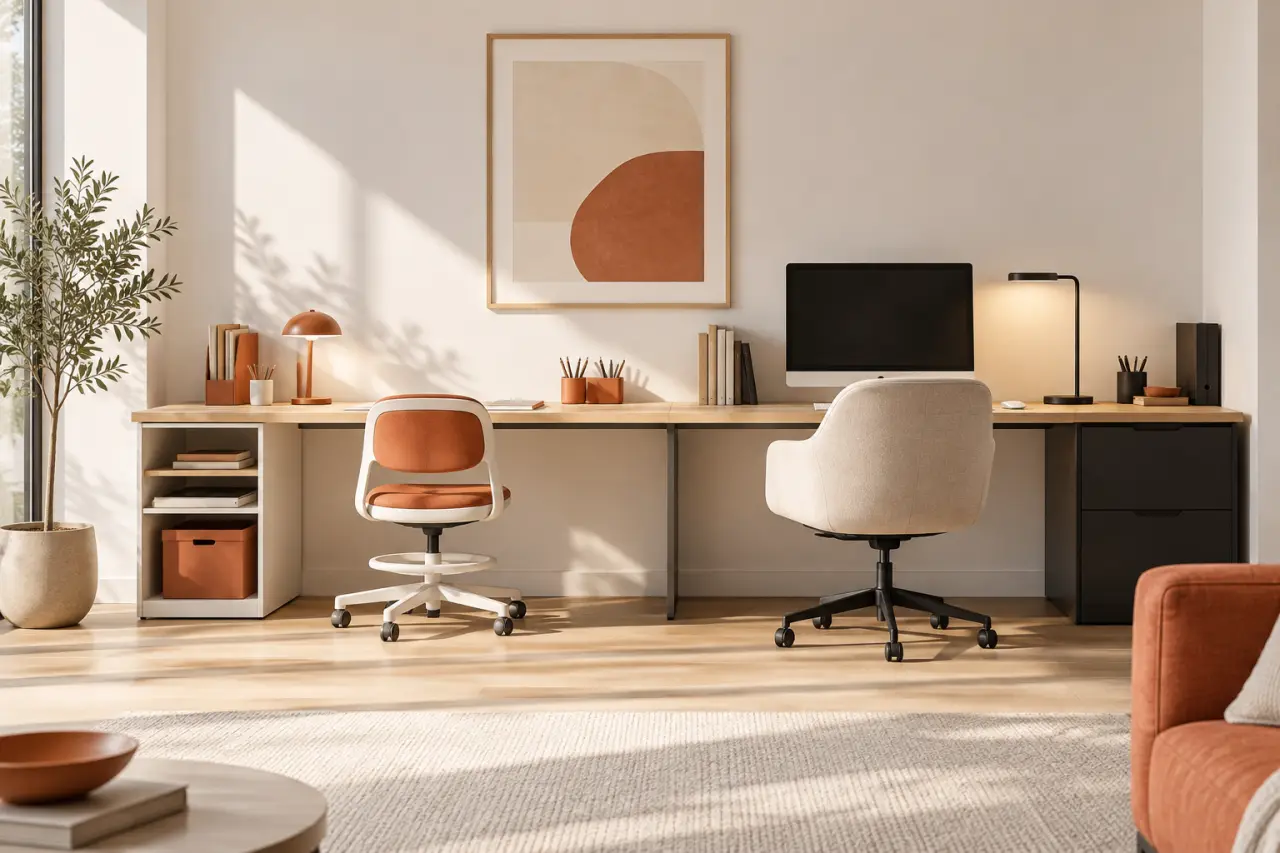 Coin bureau inspirant pour toute la famille avec deux espaces de travail partagés dans un salon