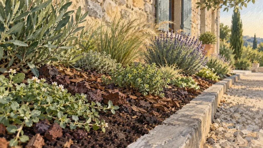 Un parterre devant maison sans entretien repose sur 4 choix bien pensés
