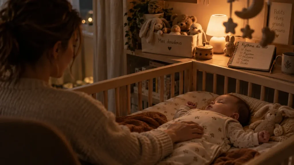 Sommeil d’un bébé de 8 mois : deux siestes, des réveils possibles et un coucher à ajuster